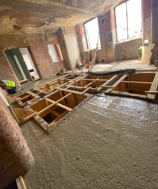 Freshly poured concrete around the lift shaft openings at Brunswick Mill