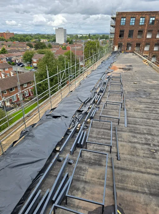 Roof skylight steel installation on the Bradford Road elevation at Brunswick Mill